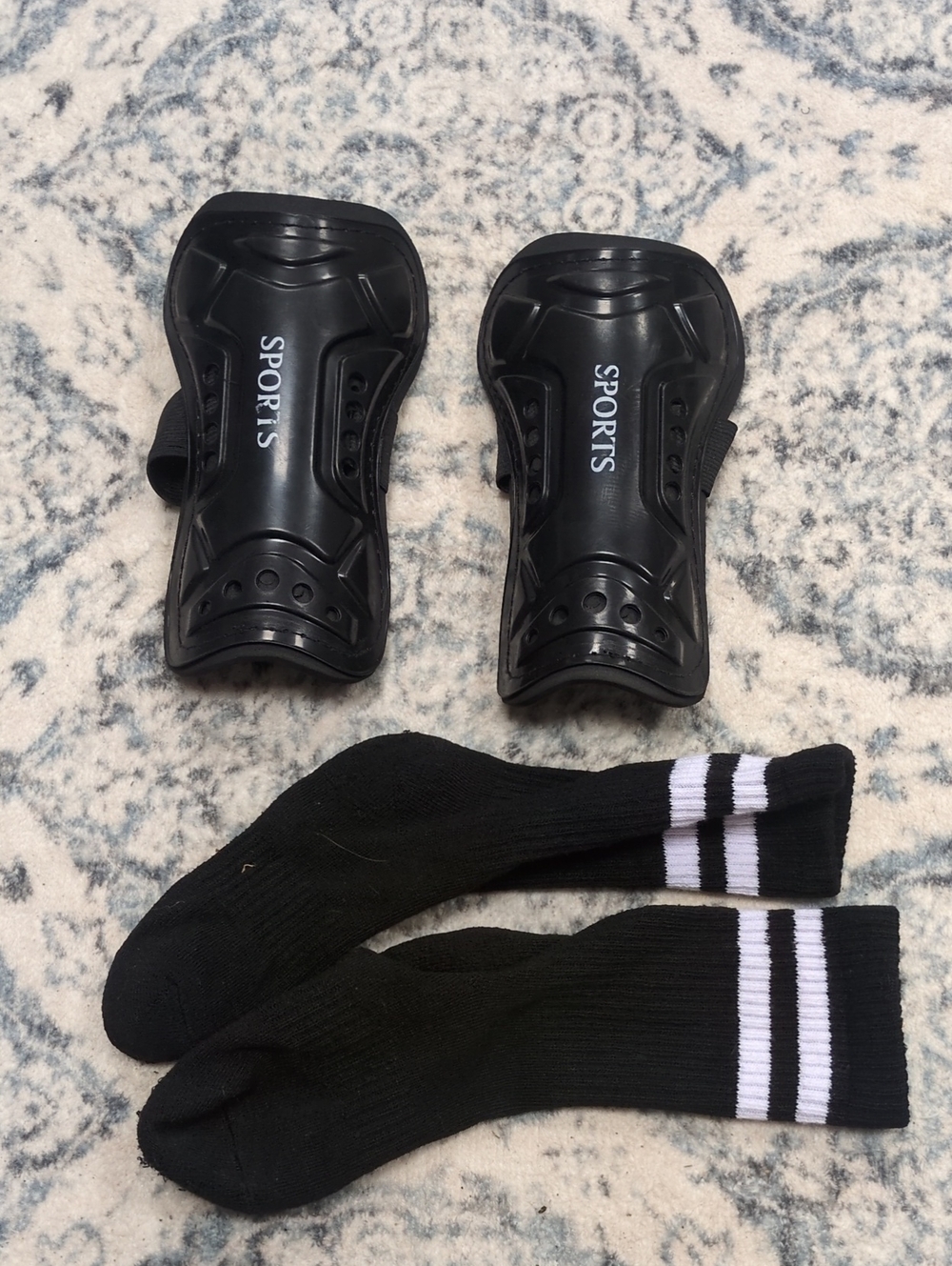 Black Sports Shin Guards with Black & White Athletic Socks